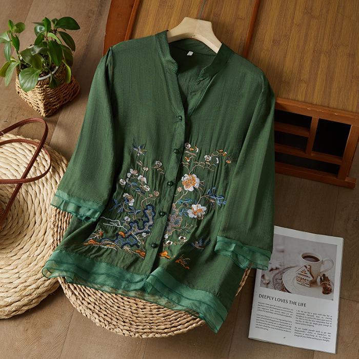 2023 Letní Luxusní Bavlněná Lněná Vyšívaná Blůza se Žabkovým Zapínáním