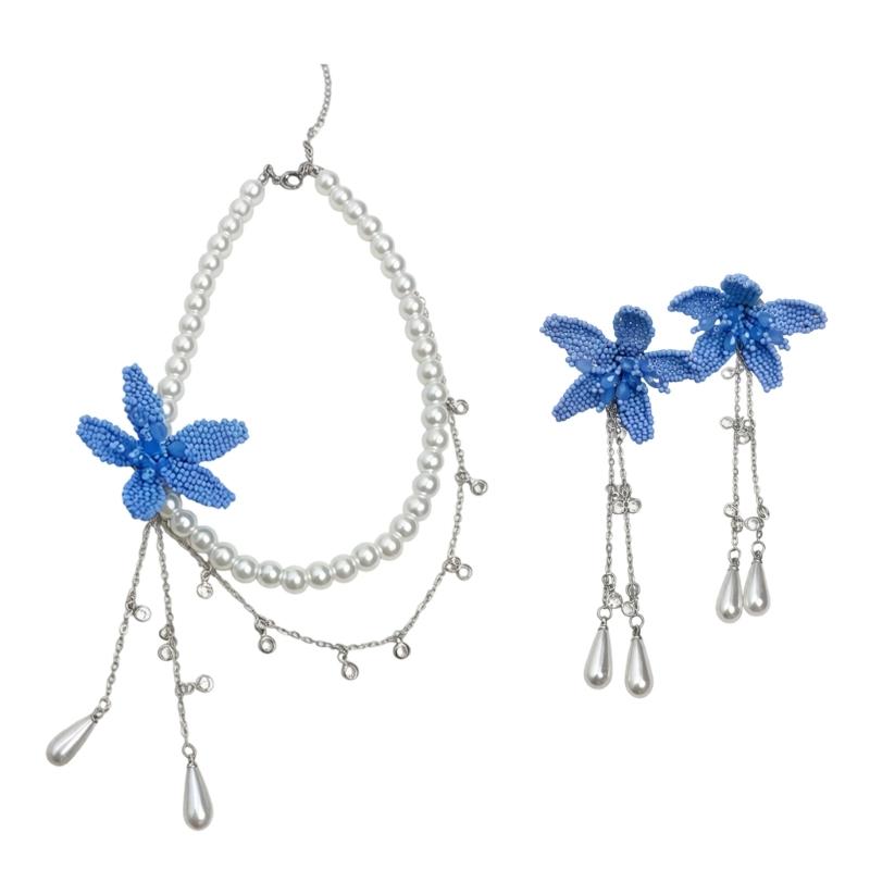 

Acrylic Beaded Flower Necklace And Earrings Set With Simulated Pearls For Women Spring Outfit 1 синій