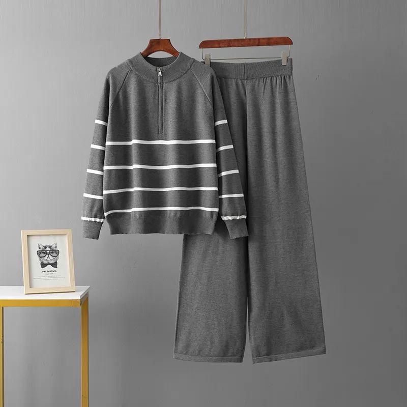 Half Zipper Sweater Pants with A Complete Set Fashion Set Stripe 2024 Autumn and Winter Western Style Loose Two-piece Set Women