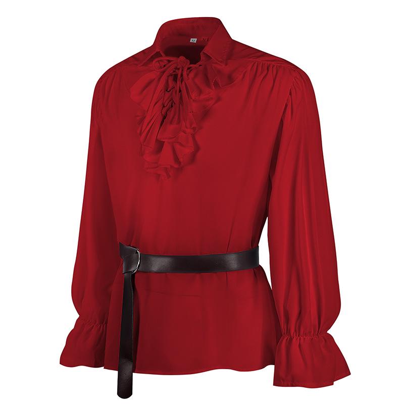 Medieval Long Sleeve Ruffled Puff Sleeve Top with Turn-Down Collar - Vintage Solid Color COS Costume Shirt