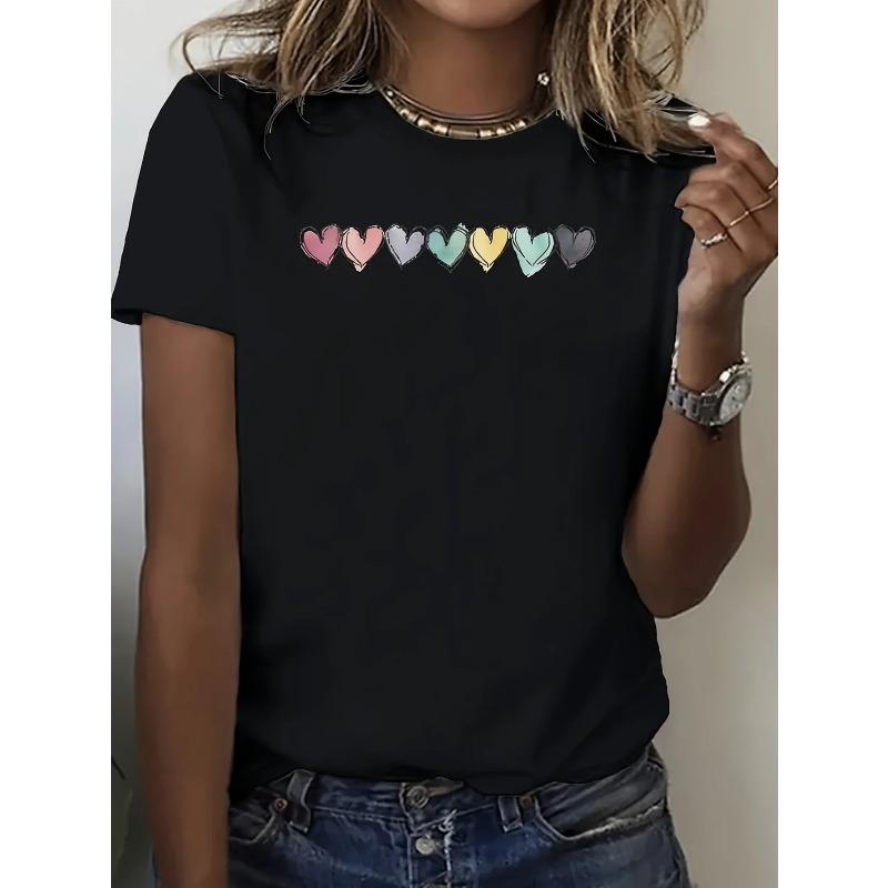 European Size Women's Casual Short Sleeve T-Shirt with Colorful Heart Graphic Print - Loose Fit Round Neck Breathable Top for Summer Parties