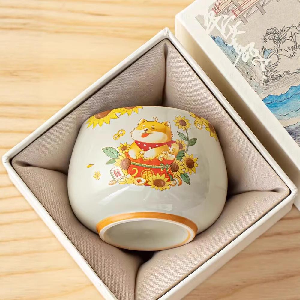 Grass And Wood Ash Small Fresh And Cute Rich Dog Arhat Cup Exquisite Teacup Ceramic Home Master Cup Single Cup Girls Tea Set