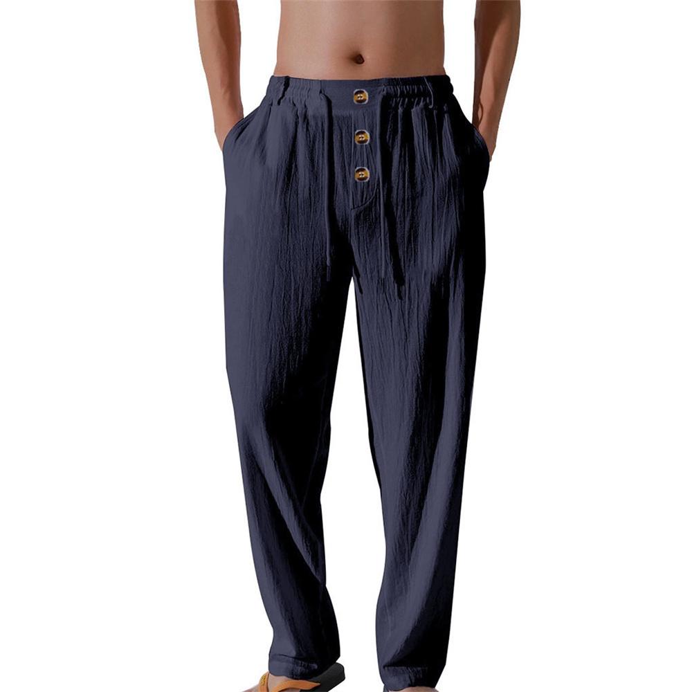 

Весенне-летние длинные брюки для мужчин, дышащие, легкие, повседневные, прямого кроя, хлопковые брюки, однотонные брюки на пуговицах и кулиске XXXL темно-синий