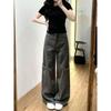 American-Style Gray Wide-Leg Cargo Pants for Women, New Spring Model for Plus-Size Girls, High-Waisted Loose Straight-Leg Floor-Length Denim Pants