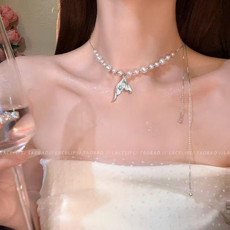 French Temperament Pearl Fishtail Pull Necklace Women'S Light Luxury Niche High-End Clavicle Chain Neck Chain Accessories Choker