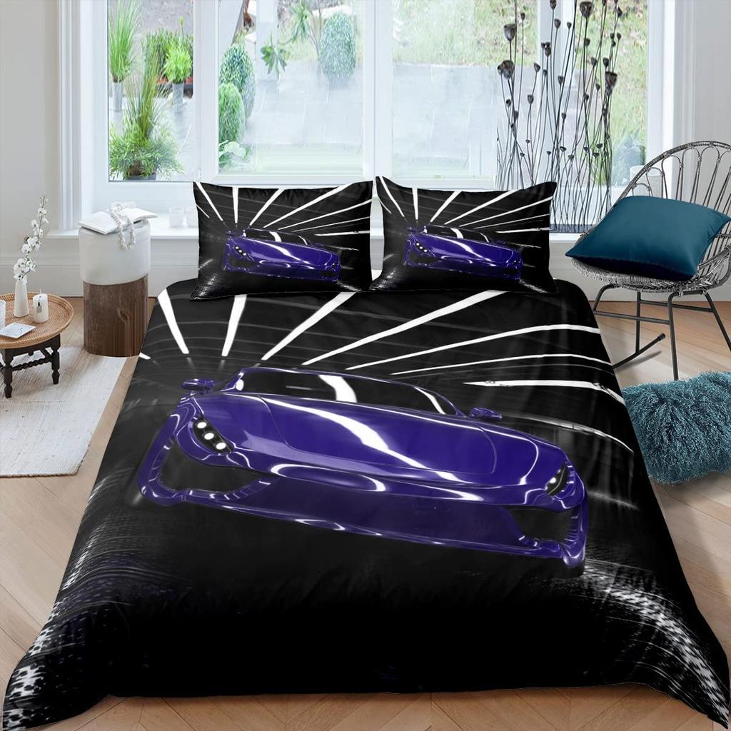 Race Car King Queen Duvet Cover Cool Speed Racing Bedding Set Teens Men Black Sport Car Quilt Cover Polyester Comforter Cover