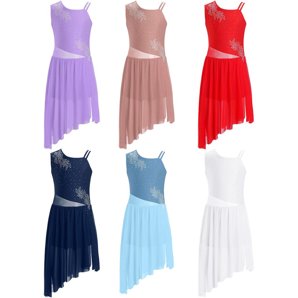 Vše v jednom kostým pro dívky na lyrický tanec: Bezesaté šaty s květinovým motivem a kamínky, s bočním rozparkem, připravené na pódium & vystoupení