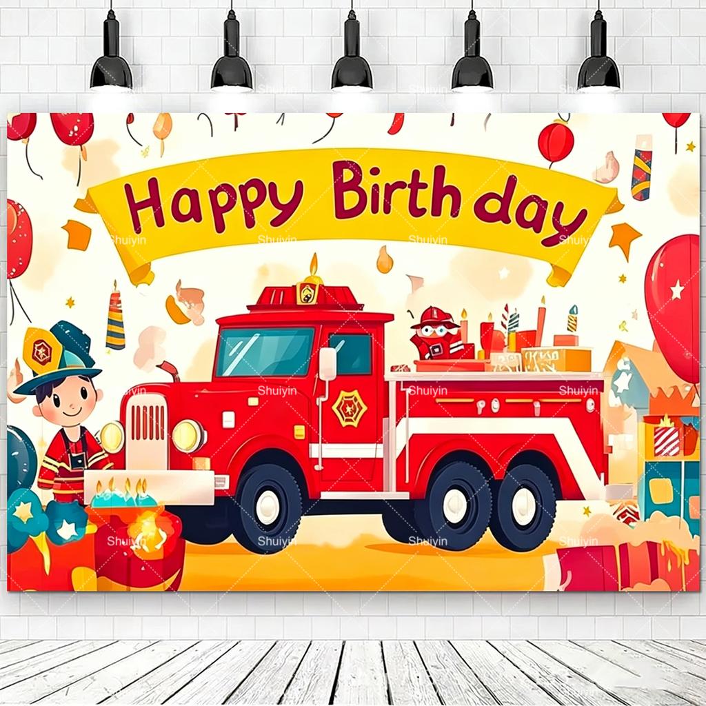 Cartoon Firefighter Firetruck Theme Backdrop Red Flame Fireman Boy Birthday Decorations Party Supplies Photography Background