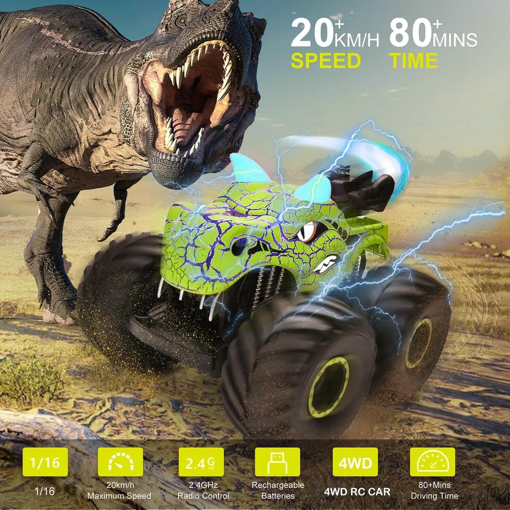 Remote Control Dinosaur Car Toys for Kid Boys, 2.4GHz RC Monster Truck Toys with Spray, Light, Sound, All Terrain Rechargeable Electric RC Car Toy,