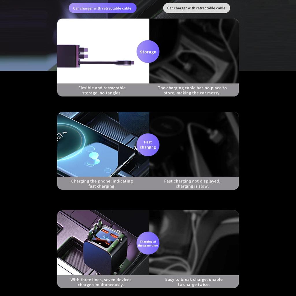 Car Charger With Retractable Cables Fast Charging 2 USB Ports Auto Supplies With Starlight Cell Phone Automobile Chargers For