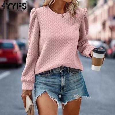 Blusas y camisas de manga larga con cuello redondo y estampado de Color sólido informal a la moda para mujer