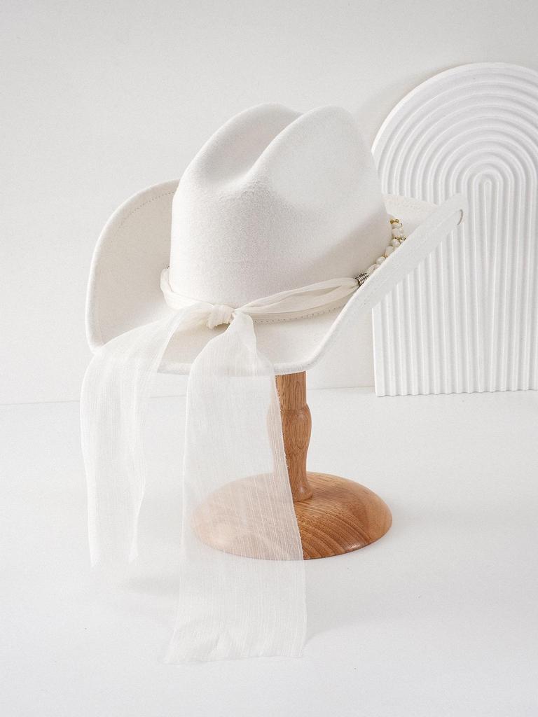 Women's Bridal Top Hat with Pearl & Gold Ribbon - Festival Cowboy Hat
