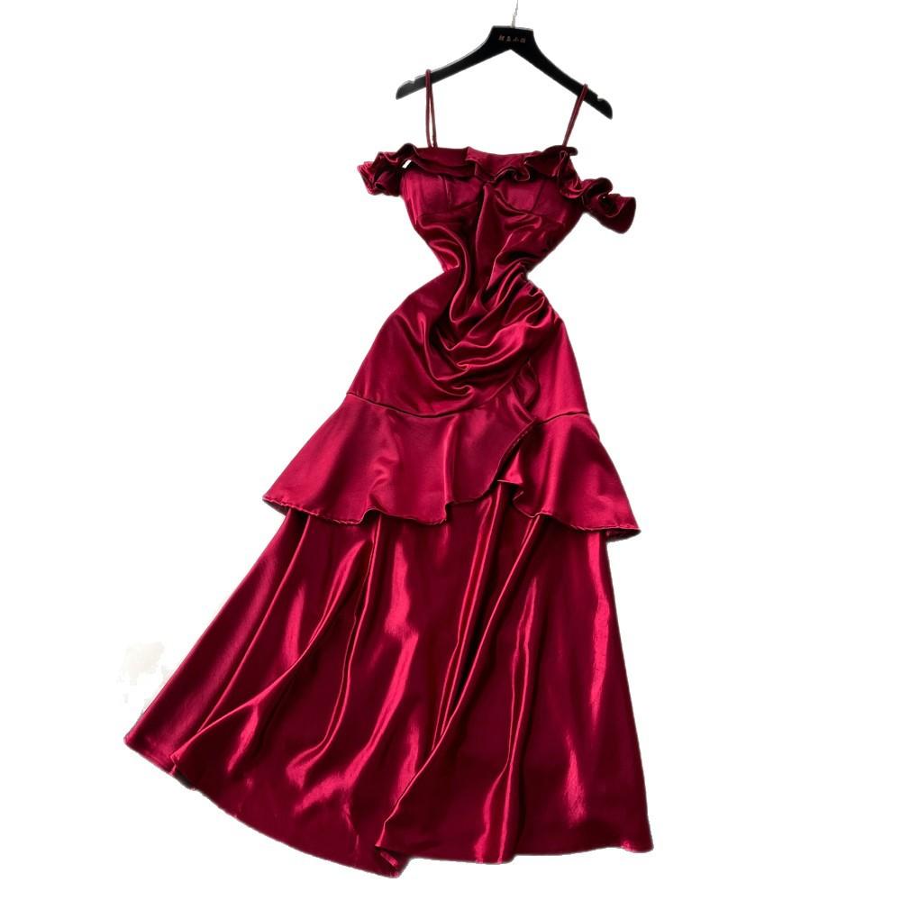 French red suspender with chest pad satin dress women's waist ruffle edge sleeveless A-shaped dress socialite dress
