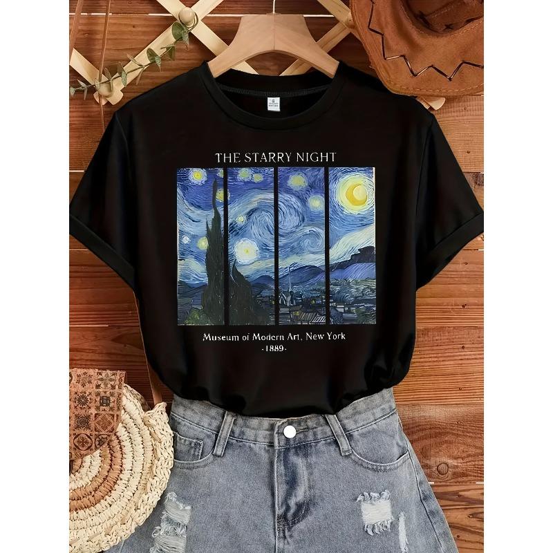 Women's Starry Night Graphic Tee Casual Round Neck T-Shirt Machine Washable Artistic Van Gogh Inspired Design for Casual Attire