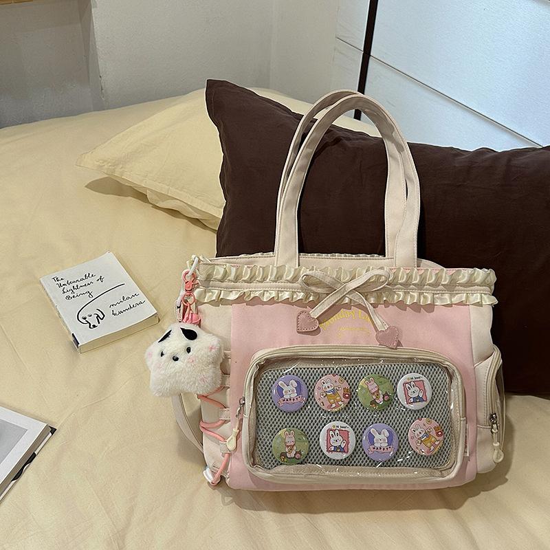 New Schoolbag Female High-value Contrasting Color College Style Junior High School Student Backpack Ballet Style Pleated Lace Pain Bag