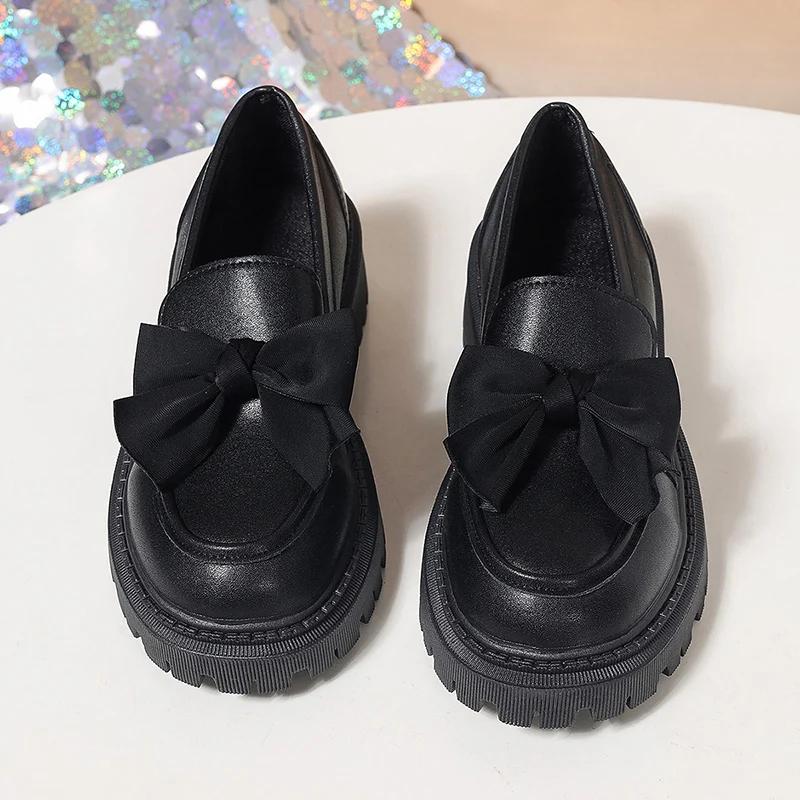 Spring Bowknot Platform Loafers Women Black Faux Leather Slip On Flats Shoes Woman College Style Thick Sole Dress Shoes Size 42