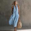 2026 Spring Women Halter V-Neck Midi Dress Loose Casual Solid Color Vacation Dress With Pockets