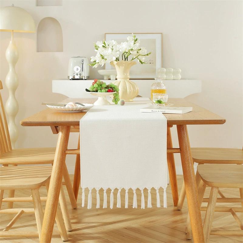 Tassel Table Runner, Linen Blend Rustic Farmhouse Style Kitchen Table Decoration Holiday Wedding Party Dinning Decor