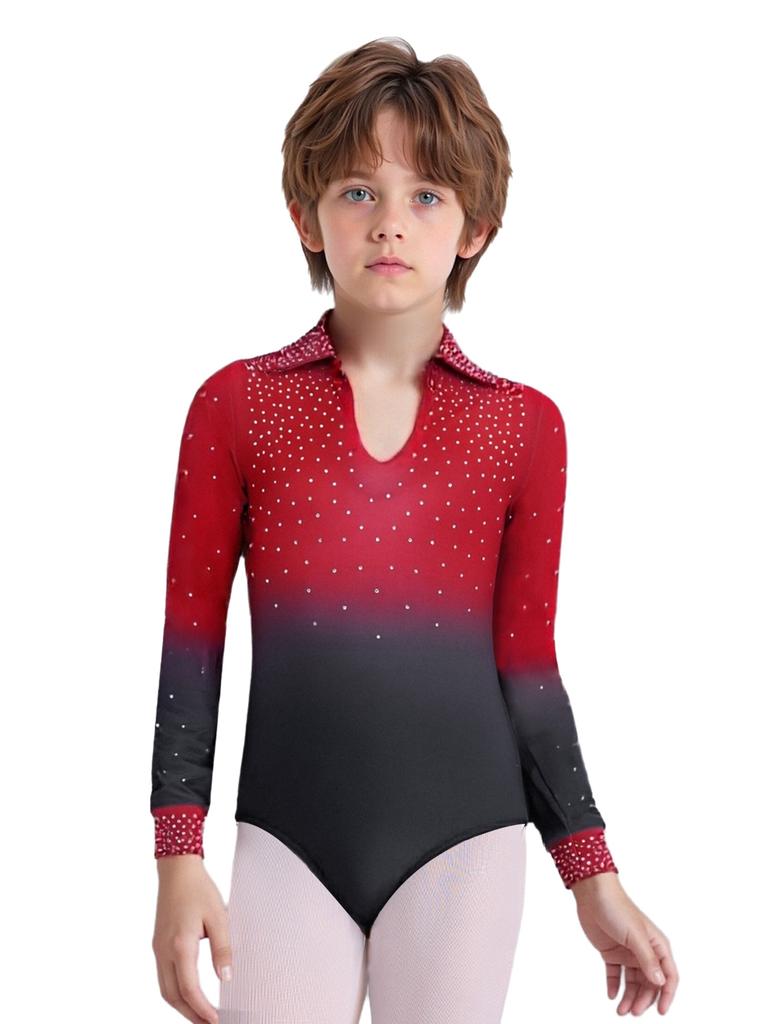 Conjunto de Leotard de Dança Brilhante com Strass, Gola Reversível, Manga Longa e Calça com Cós Elástico para Meninos