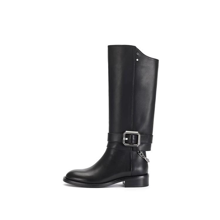 Retro belt buckle but knee boots women's 2025 new straight thick-soled retro round head thick heel back zipper boots