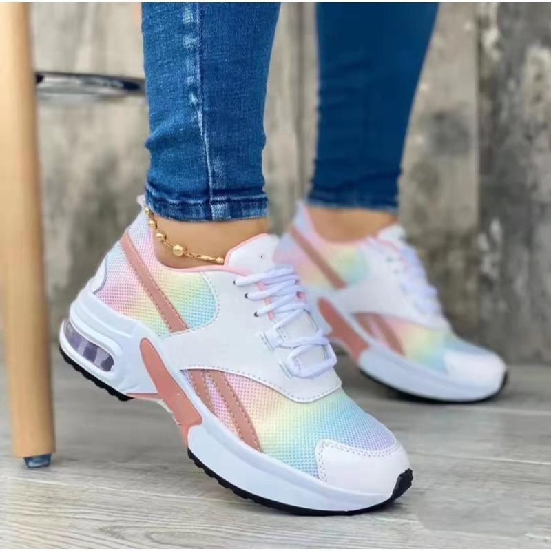 Mesh casual sports shoes women's new fashion round head middle heel lace-up single shoes large size low-top shoes dad