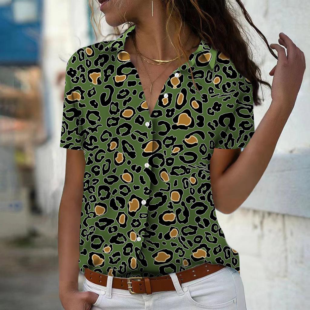 2025 Sommer Neue Mode Damen Leopardenmuster Bedruckt Kurzarm V-Ausschnitt Lässig Knopfleiste Hemd Top