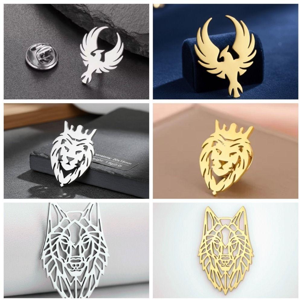 Stainless Steel Suit Collar Badges Lion Vintage Lapel Pins Phoenix Brooches  Decoration