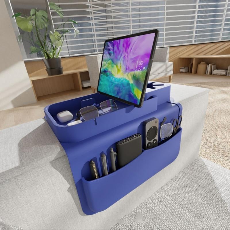 Drink Holder Tray for Sofa Armrest with Screen Slot, Side Pockets and Open Sections for Remotes, Glasses and Everyday Grab Items Indoors
