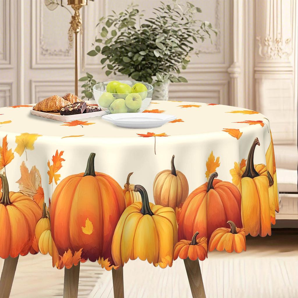 1 Piece, Thanksgiving Tablecloth, Autumn Harvest Pumpkin And Maple Leaf Design, Rectangular Round, Polyester Fabric