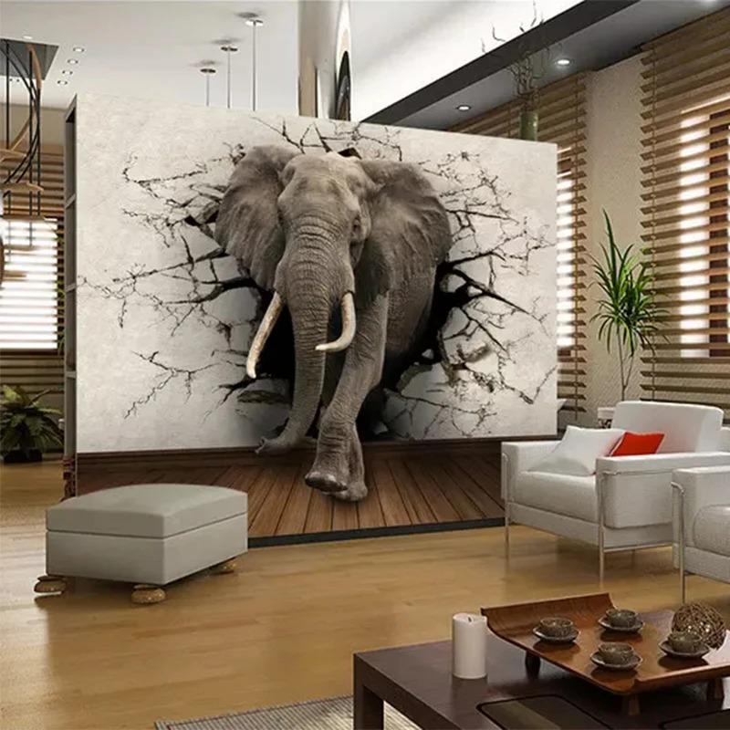 3d Broken Wall Elephant Rhinoceros Photo Mural Wall Paper For Kids Bedroom Living Room Decor Wallpaper