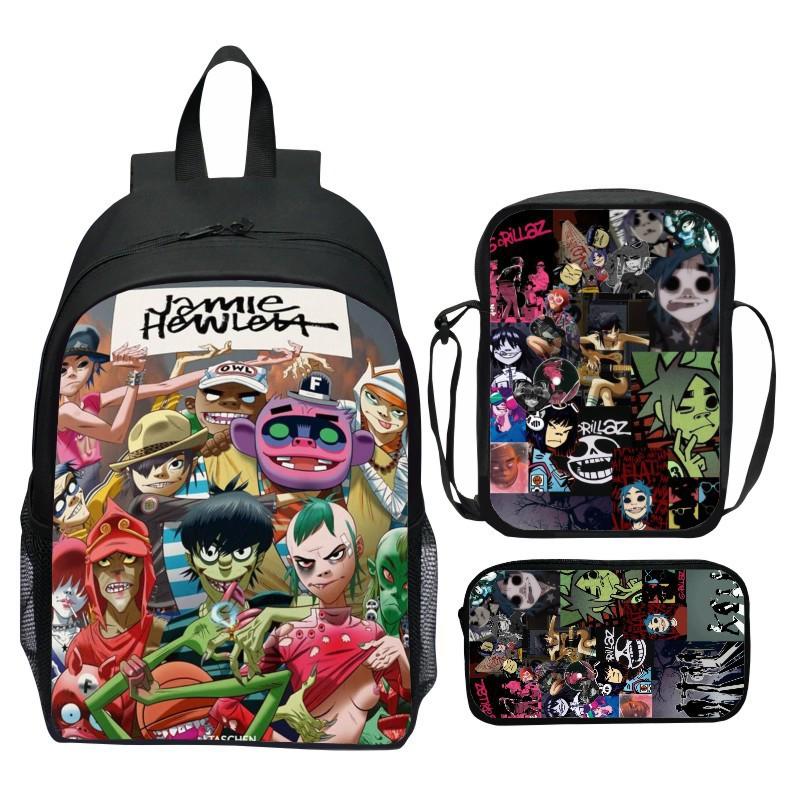 Gorillaz UK Virtual Band Printed Cartoon Backpack 3-Piece Set School Bag Lightweight Large Capacity