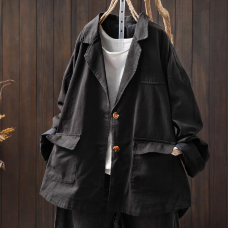 Johnature Women Vintage Jackets Solid Color Turn-down Collar Coats Autumn Button Pockets Loose Female Jackets