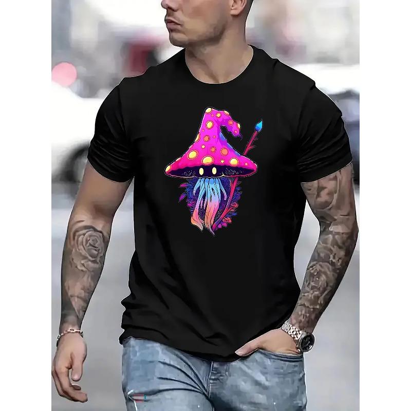 European Sizes Mushroom Mage Men's Fashion Trend Print, Men's Round Neck Short Sleeve T-Shirt, Vacation Camping Casual Tee, Comfortable Summer Top