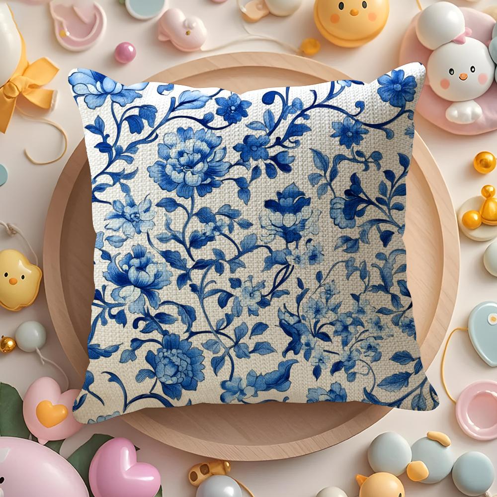 Elegant Blue Floral Pattern Pillow Case Pattern Printed Pillowcase for Living Room Sofa Cushion Cover  Bedroom Decor