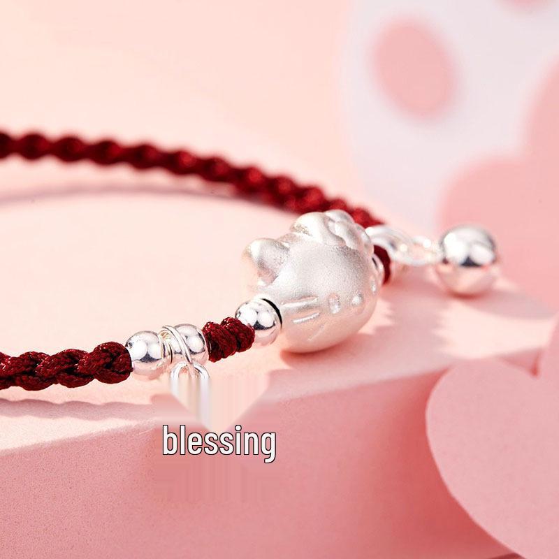 Handmade 999 Sterling Silver Cat Bracelet for Women - Red Woven Rope, Gift for Little Girls