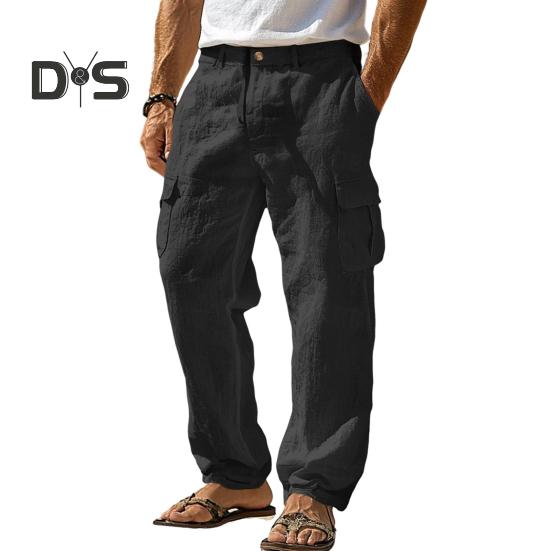 Men's Casual Straight Trousers Solid Color Streetwear Pants Loose Fit Beach Style Pants with Multiple Pockets for Fitness Travel Daily Wear