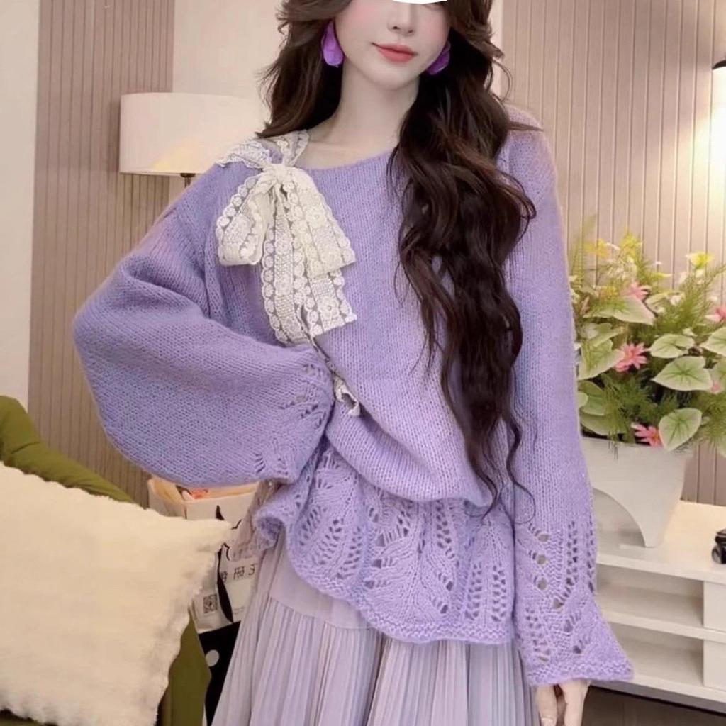 Lazy Style Knitted Lace-Up Bow Sweater - Women's Loose Fit for Autumn and Winter