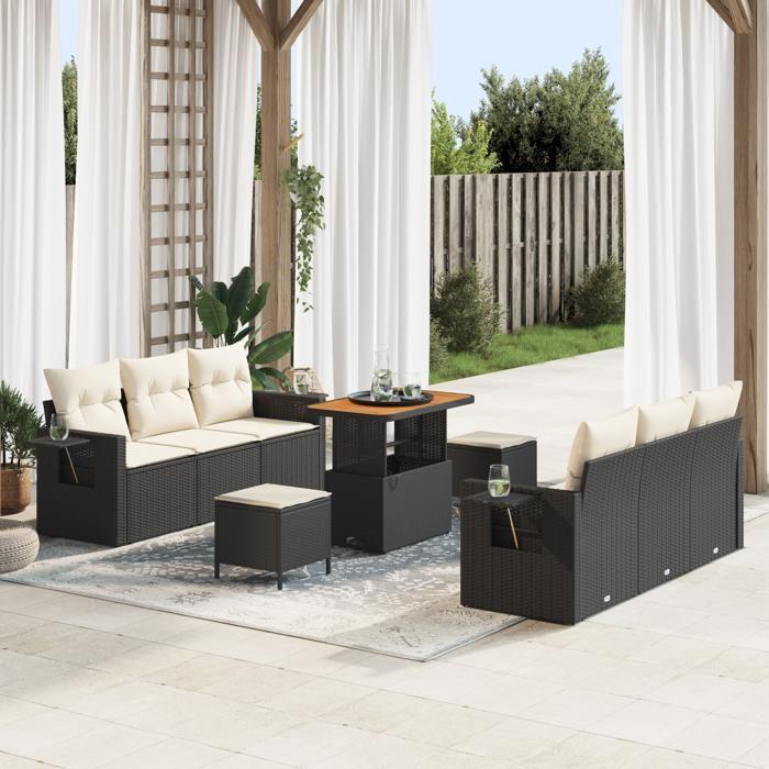 Ensemble de Canapé de Jardin de 9 Pièces avec Coussins Noir Rattan Poly Acacia, Ensemble de Salle à Manger de Jardin 3 3361700