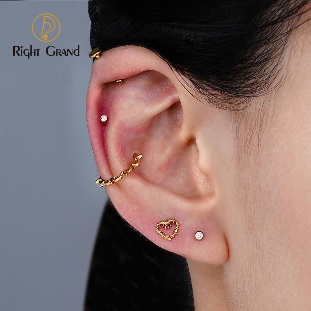 Right Grand ASTM F136 Titanium 16G Tiny Hollow Heart Flat Back Stud Gothic Cartilage Tragus Helix Stud Earring Labret Piercing