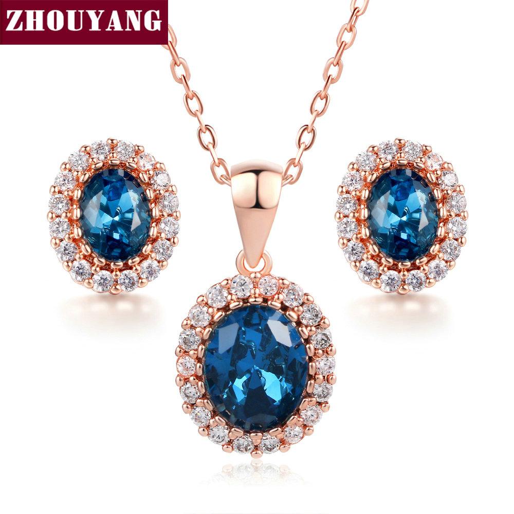 Red Crystal Necklace Earrings Jewelry Set For Women Simple Rose Gold Color Oval Rhinestone Accessories Wholesale Girl Gift S213
