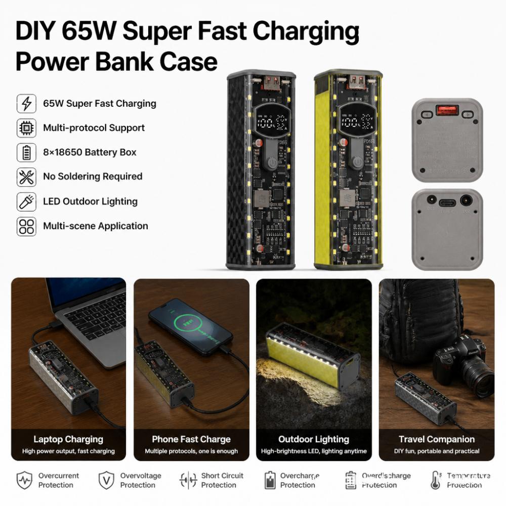 PD 65W/45W/20W Super Fast Charging Power Bank DIY Module Shell With Built-in Charging Cable DIY Battery Box Place8-Cell Pack