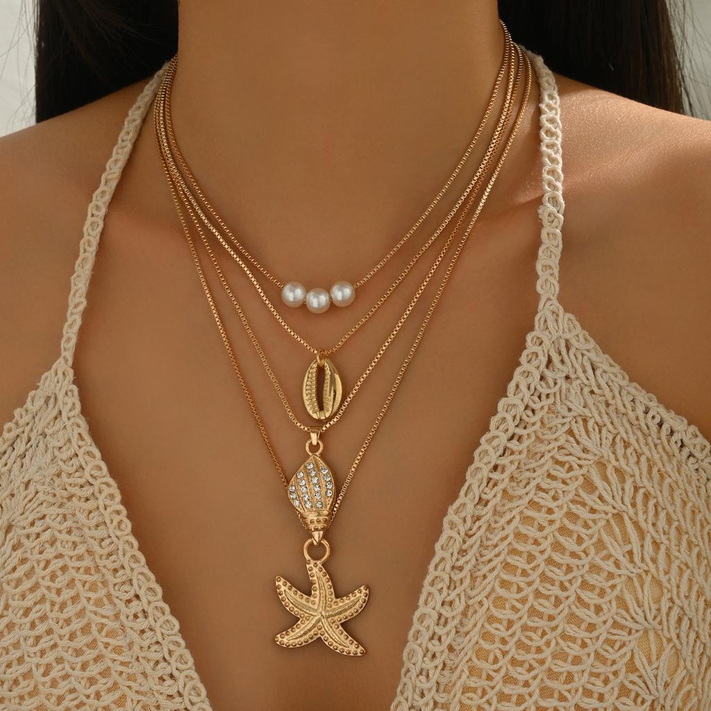 Shell Necklace European and American Jewelry Women's Ocean Holiday Necklace Conch Starfish Multilayer Stacked Collarbone Chain