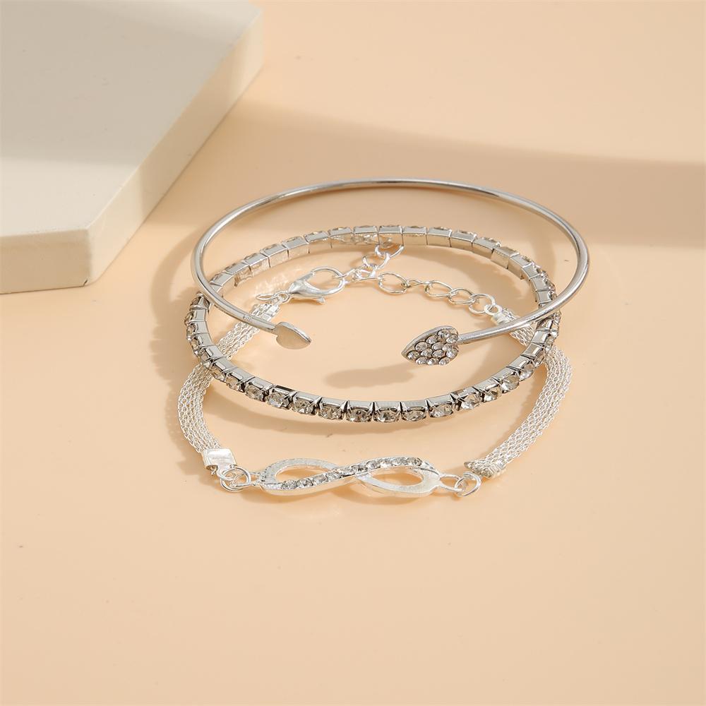 Ensemble Vintage Alliage de Zinc Couleur Cristal Strass Cœur Bracelets pour Femmes Mode Géométrique Réglable Manchette Infini Zircon