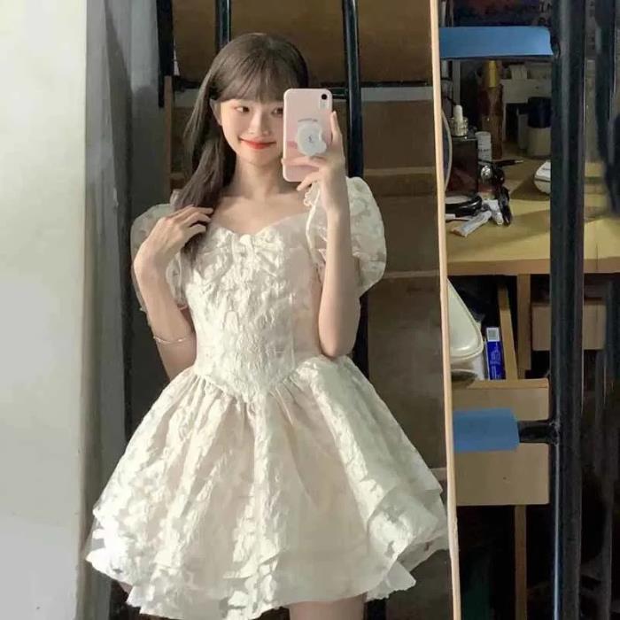 Summer cute new jacquard doll skirt bubble sleeve dress retro style sweet splicing square neck princess dress S
