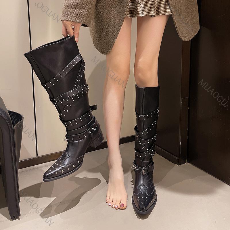 Fashion Rivet Pointed Toe Knight Belt Buckle Knee High Boots Plus Size Punk Chunky Middle Heel Women's Shoes Girls Western Cowboy Botas