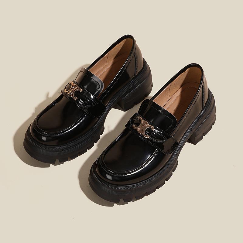 Thick-soled Middle Heel College Style Small Leather Shoes Women's Pair C Buckle Single Shoes Round Head