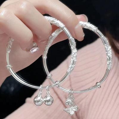 Bracciale Rigido Regolabile Push Pull in Stile Cinese con Fiori e Farfalle, a Forma di Cuore, Maglia Bamboo, Apertura a Bocciolo, Gioielli alla Moda