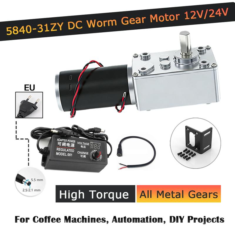 High Torque 5840-31ZY 58x40mm Worm Gear Motor 12V/24V 7RPM-470RPM All Metal Gears 2.5/2.1mm Plug for Vending Machine DIY Project