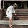 White Sunscreen Shirt with Elastic Waist Shorts, Summer Thin Old Money Style Wear, Linen Women's Cotton and Linen Suit