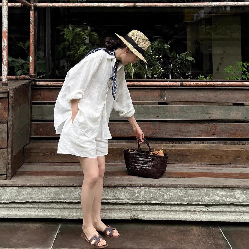White Sunscreen Shirt with Elastic Waist Shorts, Summer Thin Old Money Style Wear, Linen Women's Cotton and Linen Suit